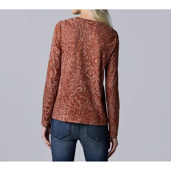 Simply Vera Vera Wang Shirt Women XS Rust Textured Crewneck Top Soft Stretch New - Picture 6 of 10